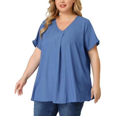 Agnes Orinda Women's Plus Size Blouse Casual V Neck Lounge Around Short Sleeve Solid Chambray Tops 9 Agnes Orinda Women's Plus Size Blouse Casual V Neck Lounge Around Short Sleeve Solid Chambray Tops - Image 7