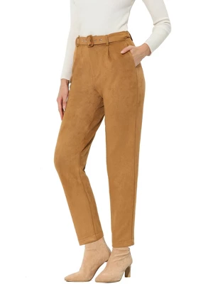 Allegra K Women's Casual Faux Suede Pants High Waist Belted Straight Legs Trousers 8 Allegra K Women's Casual Faux Suede Pants High Waist Belted Straight Legs Trousers - Image 6