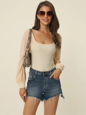 Seta T Women's Square Neck Sheer Long Sleeve Knit Bodysuit 4 Seta T Women's Square Neck Sheer Long Sleeve Knit Bodysuit - Image 2