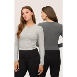 Yogalicious Womens 2 Pack Velvety Heather Valentina Long Sleeve Henley Crop Top -Women Store GUEST 4c9f3712 8fac 4f3f 8994 da57561c9763