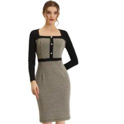 Allegra K Women's Vintage Houndstooth Square Neck Contrast Long Sleeve Midi Bodycon Dress -Women Store GUEST 4d2b8588 59ef 4e39 be63 9277e62ed36e