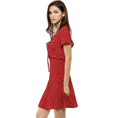 Allegra K Women's Floral Ruffle Trim Tie V Neck Shorts Sleeves Mini Dress 5 Allegra K Women's Floral Ruffle Trim Tie V Neck Shorts Sleeves Mini Dress - Image 3