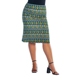 Womens Plus Size Green Geometric Elastic Waist Knee Length Skirt -Women Store GUEST 501210c9 ab19 4458 95c9 c4ac6d86841d