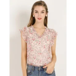 Allegra K Women's Ruffle Tops Casual V Neck Cap Sleeves Floral Blouse