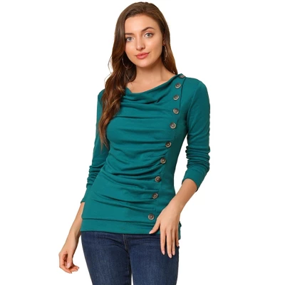 Allegra K Women's Cowl Neck Long Sleeves Buttons Decor Ruched Top 20 Allegra K Women's Cowl Neck Long Sleeves Buttons Decor Ruched Top - Image 18
