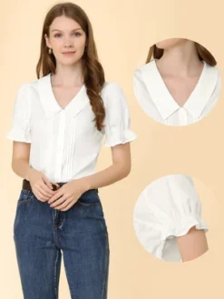 Allegra K Women's Pleated Short Sleeve V Neck Button Down Shirts