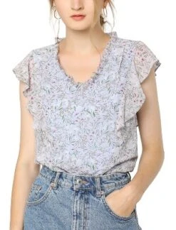 Allegra K Women's Ruffle Tops Casual V Neck Cap Sleeves Floral Blouse -Women Store GUEST 56659ee4 cabe 4993 aa09 ebcbfe428074