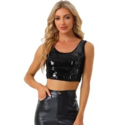 Allegra K Women's Metallic Sequin Sparkle Sleeveless Party Crop Tank Top -Women Store GUEST 56904cae 0676 4441 957e 00705a28179a