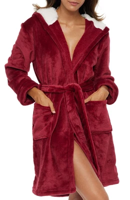 Women's Classic Plush Hooded Robe, Short Fleece Bathrobe With Hood 7 Women's Classic Plush Hooded Robe, Short Fleece Bathrobe With Hood - Image 5