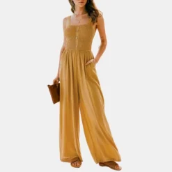 Women's Button Front Smocked Wide Leg Jumpsuit - Cupshe -Women Store GUEST 59de9372 8317 4192 8949 454640730cfa