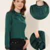 Allegra K Women's Elegant Pearls Beaded Pleated Mock Neck Work Satin Blouse