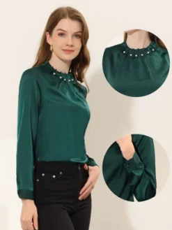 Allegra K Women's Elegant Pearls Beaded Pleated Mock Neck Work Satin Blouse