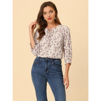 Allegra K Women's Floral Bow Tie Neck Vintage 3/4 Sleeve Blouse 3 Allegra K Women's Floral Bow Tie Neck Vintage 3/4 Sleeve Blouse