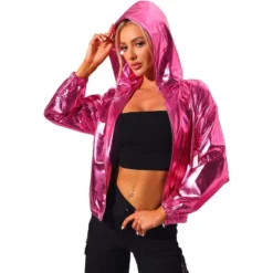 Allegra K Women's Holographic Shiny Long Sleeve Zipper Hooded Metallic Jacket -Women Store GUEST 609dd9e8 b4d3 4e0e 8384 b107f999261e