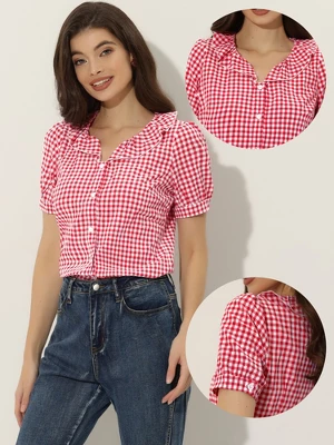 Allegra K Women's Plaid Gingham Puff Sleeve Ruffle Peter Pan Collar Shirt 3 Allegra K Women's Plaid Gingham Puff Sleeve Ruffle Peter Pan Collar Shirt