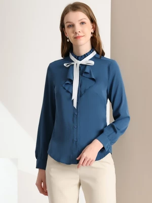 Allegra K Women's Work Office Top Blouse Ruffle Neck Long Sleeve Ribbon Button Down Blouses 5 Allegra K Women's Work Office Top Blouse Ruffle Neck Long Sleeve Ribbon Button Down Blouses - Image 3