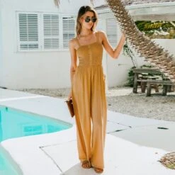 Women's Button Front Smocked Wide Leg Jumpsuit - Cupshe -Women Store GUEST 67f68dd1 8059 4ee0 a24c b0cb5564d68c