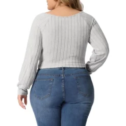 Agnes Orinda Women's Plus Size Ribbed Knit Soft Warm Outfits Long Sleeve Crop Tops -Women Store GUEST 68d3b6b6 c294 44cc a6ec 21bcead42524