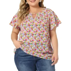 Agnes Orinda Women's Plus Size Keyhole Floral Chiffon Flared Sleeve Summer Trendy Peasant Tops -Women Store GUEST 6ad8249e f49d 40c3 8f66 e11c5e6dd720