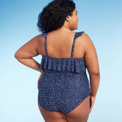 Women's Polka Dot Ruffle Shoulder One Piece Swimsuit - Kona Sol™ Navy Blue 3 Women's Polka Dot Ruffle Shoulder One Piece Swimsuit - Kona Sol™ Navy Blue
