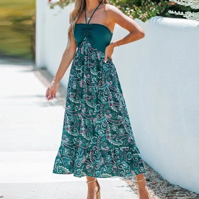 Women's Paisley Print Halter Ruched Maxi Dress - Cupshe 3 Women's Paisley Print Halter Ruched Maxi Dress - Cupshe