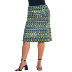 Womens Plus Size Green Geometric Elastic Waist Knee Length Skirt -Women Store GUEST 6b89df51 a447 4617 8a19 aed479747511