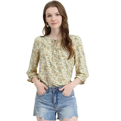 Allegra K Women's Floral Bow Tie Neck Vintage 3/4 Sleeve Blouse 14 Allegra K Women's Floral Bow Tie Neck Vintage 3/4 Sleeve Blouse - Image 12