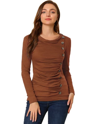 Allegra K Women's Cowl Neck Long Sleeves Buttons Decor Ruched Top 14 Allegra K Women's Cowl Neck Long Sleeves Buttons Decor Ruched Top - Image 12