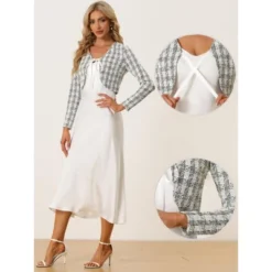 Allegra K Women's Tie Front Long Sleeve Plaid Tweed Short Shrugs