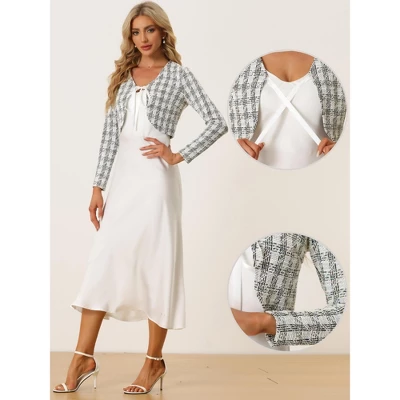 Allegra K Women's Tie Front Long Sleeve Plaid Tweed Short Shrugs 3 Allegra K Women's Tie Front Long Sleeve Plaid Tweed Short Shrugs