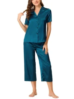 Cheibear Womens Pajama Sleepwear Button Down With Capri Pants Satin Lounge Pjs Set -Women Store GUEST 77771bd5 cb9e 477e 9942 7d61398464b2