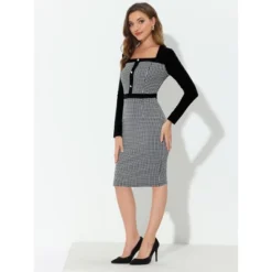 Allegra K Women's Vintage Houndstooth Square Neck Contrast Long Sleeve Midi Bodycon Dress