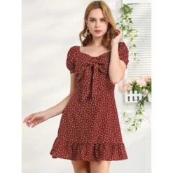 Allegra K Women's Vintage Tie Knot Sweetheart Neck Heart Print A-Line Ruffle Mini Dress -Women Store GUEST 7903a3a1 09aa 4795 a570 a0a6a4976ab4