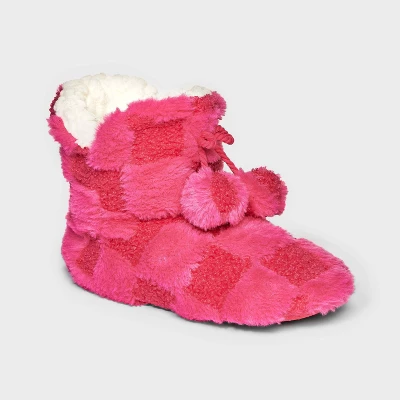 Women's Checkered Faux Fur Booties With Poms And Grippers - Pink 7 Women's Checkered Faux Fur Booties With Poms And Grippers - Pink - Image 5