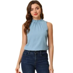 Allegra K Women's Sleeveless Frill Mock Neck Ruffle Chambray Blouse -Women Store GUEST 7c929548 9d65 4ea1 a9fb f9408a6af845