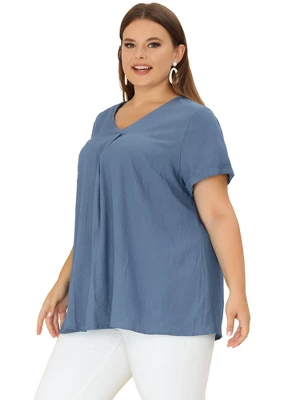Agnes Orinda Women's Plus Size Blouse Casual V Neck Lounge Around Short Sleeve Solid Chambray Tops 4 Agnes Orinda Women's Plus Size Blouse Casual V Neck Lounge Around Short Sleeve Solid Chambray Tops - Image 2