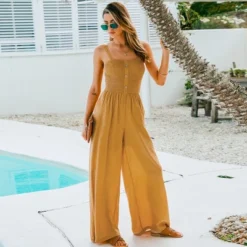 Women's Button Front Smocked Wide Leg Jumpsuit - Cupshe -Women Store GUEST 7fea8405 ef9d 43a8 83fd 8bbbc971233c