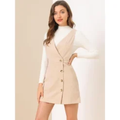 Allegra K Women's Corduroy Mini V Neck Vintage A-Line Bib Overall Pinafore Skirts