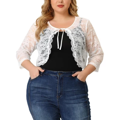 Agnes Orinda Women's Plus Size Shrug 3/4 Sleeves Lace Tie Neck Crop Bolero Cardigan 10 Agnes Orinda Women's Plus Size Shrug 3/4 Sleeves Lace Tie Neck Crop Bolero Cardigan - Image 8