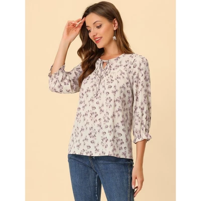Allegra K Women's Floral Bow Tie Neck Vintage 3/4 Sleeve Blouse 4 Allegra K Women's Floral Bow Tie Neck Vintage 3/4 Sleeve Blouse - Image 2