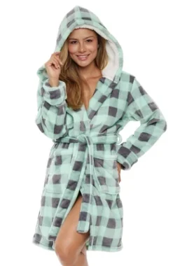 Women's Classic Plush Hooded Robe, Short Fleece Plaid Bathrobe With Hood -Women Store GUEST 84c81e2c 8433 4b6e b50a a47c2859efa2
