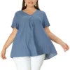 Agnes Orinda Women's Plus Size Blouse Casual V Neck Lounge Around Short Sleeve Solid Chambray Tops -Women Store GUEST 8c3be6b2 faad 4865 8764 6da32d0bf167