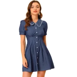 Allegra K Women's Chambray Puff Button Front Flare A-line Mini Shirt Dresses -Women Store GUEST 8db5a007 362c 4aec afa8 c5d89e9ec67b