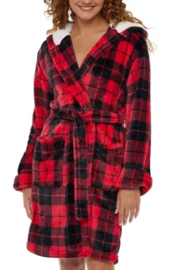 Women's Classic Plush Hooded Robe, Short Fleece Plaid Bathrobe With Hood -Women Store GUEST 8dbc2924 736a 4ab3 b05b 74df7e64f3fb