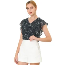 Allegra K Women's Ruffle Tops Casual V Neck Cap Sleeves Floral Blouse -Women Store GUEST 8e8c048f 23d1 4072 8c90 1c52f442bb87