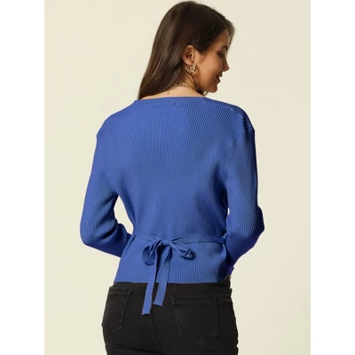 Seta T Women's Wrap V Neck Crop Long Sleeve Waist Tie Back Slim Fit Ribbed Knit Pullover Sweater Tops 5 Seta T Women's Wrap V Neck Crop Long Sleeve Waist Tie Back Slim Fit Ribbed Knit Pullover Sweater Tops - Image 3