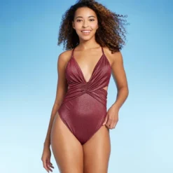 Women's Monokini Plunge Cut Out High Leg Lurex One Piece Swimsuit - Shade & Shore™ Burgundy -Women Store GUEST 90a2b847 f324 4417 b4f8 0f192ba9990e