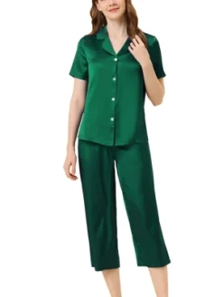 Cheibear Womens Pajama Sleepwear Button Down With Capri Pants Satin Lounge Pjs Set -Women Store GUEST 920b7658 f690 40fb a8a8 581a7e38fb63