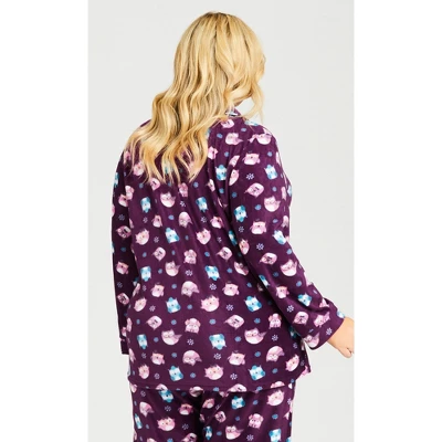 Women's Plus Size Button Owl Sleep Top - Plum | AVENUE 3 Women's Plus Size Button Owl Sleep Top - Plum | AVENUE