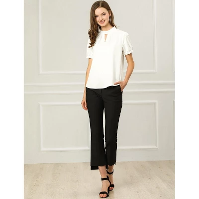 Allegra K Women's Stand Collar Short Puff Sleeves Elegant Work Office Shirt Keyhole Blouses 4 Allegra K Women's Stand Collar Short Puff Sleeves Elegant Work Office Shirt Keyhole Blouses - Image 2